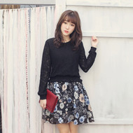 Waisted Flower Print Lace Stitching Dress