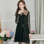 Brushed Fur Collar Long-Sleeved Lace Dress
