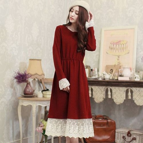 Lace Stictching Wool Maxi Dress