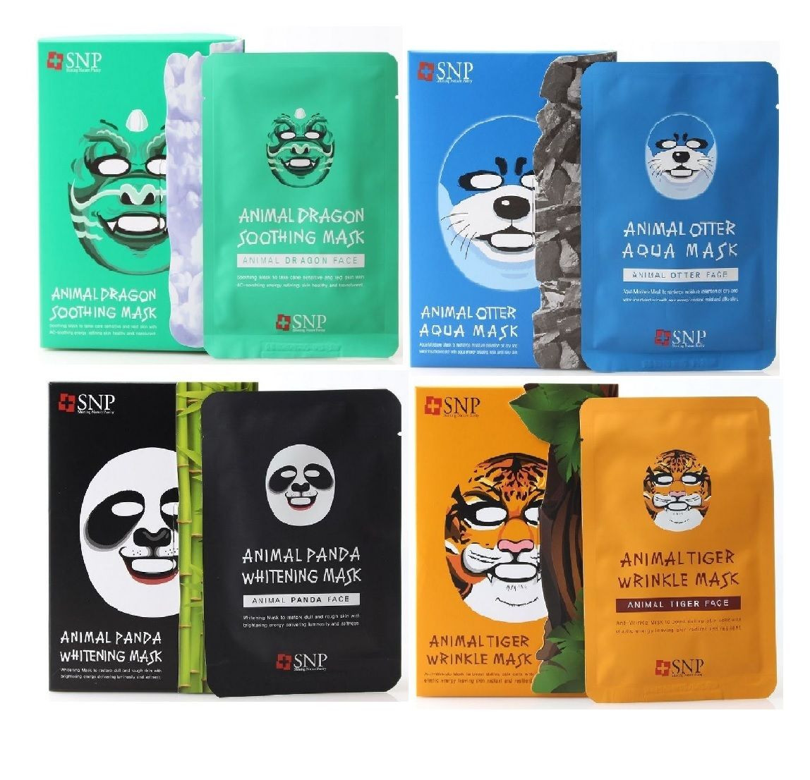 SNP Animal Face Mask Sheet Dragon, Panda, Tiger, Otter 10Pcs/Box -  Strawberrycoco