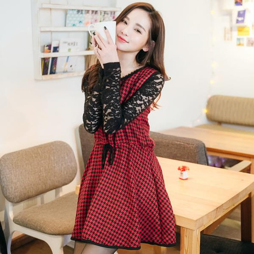 Houndstooth Stitching Lace Dress