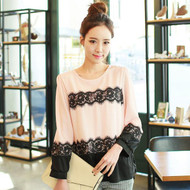 Eyelash Lace Trim Long Sleeve Blouse