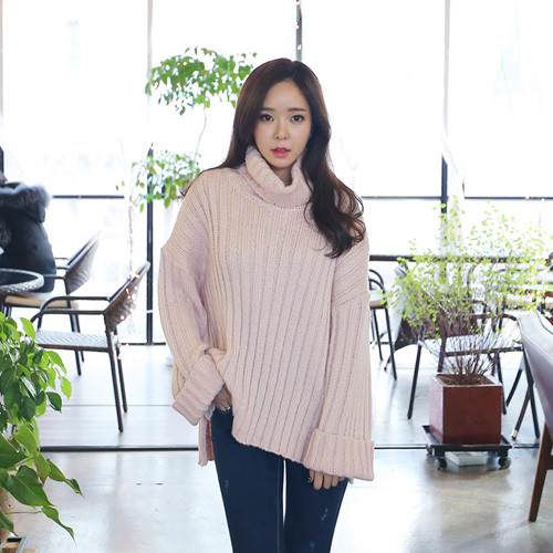 Turtle Neck Loose Fit Ribbed Knit Top