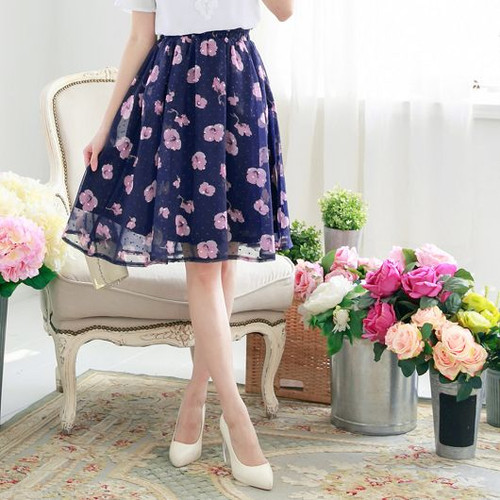 Flower Print Knee Length Skirt