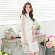 Pearl Buckle Lace Collar Waisted Dress