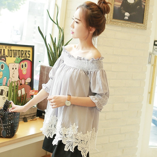 Off The Shoulder Embroidered Lace Hem Blouse