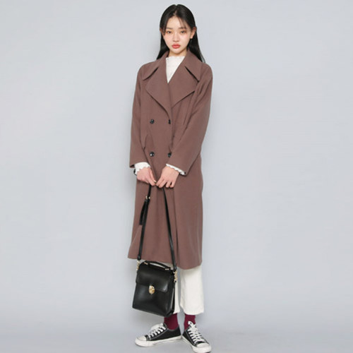 Banded Pockets Brushed Double-Breasted Long Coat 
