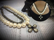 Layered Pearl and Chain Necklace with Crystal Flower