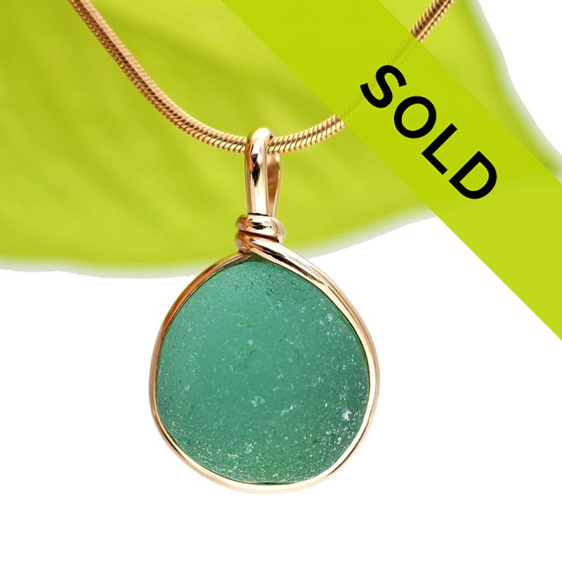 Glowing Deep Aqua Green Genuine Sea Glass Pendant In Gold Wire Bezel - 