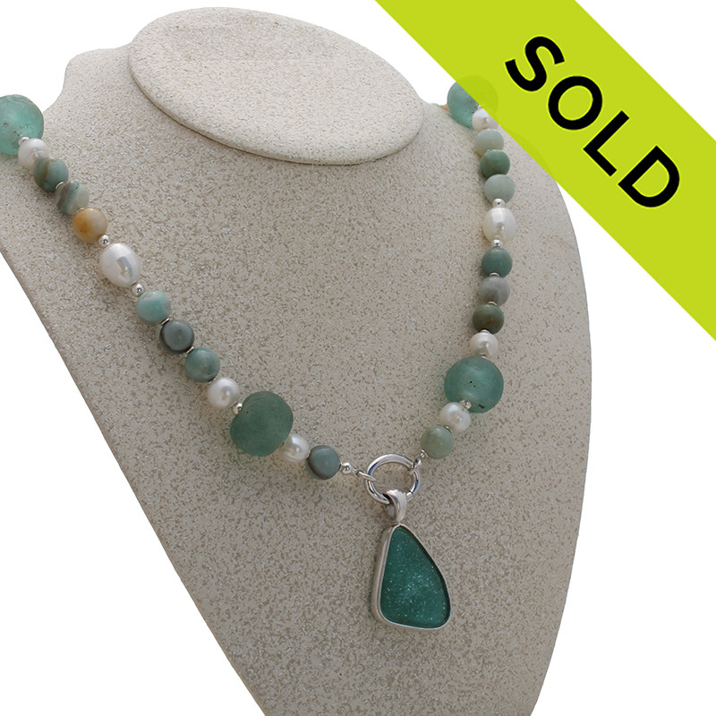 Amazing Glossy Amazonite English Sea Glass 3 In 1 Convertible Necklace - 