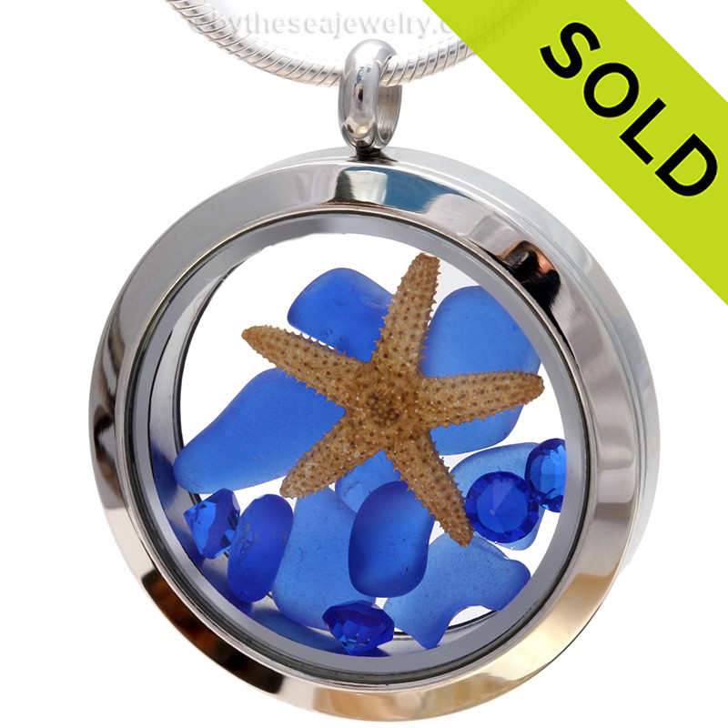 September Stars - Blue Sea Glass Locket With Starfish ...