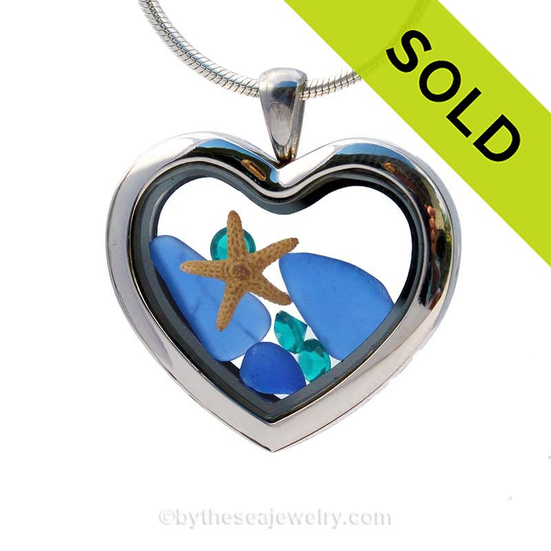 December Beach Lovers Cobalt Blue Beach Found Sea Glass Heart Locket Necklace With Starfish Decmeber Birthstones