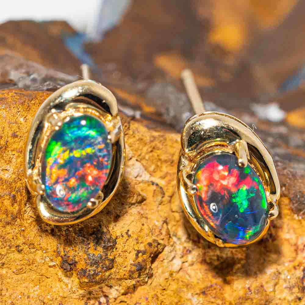 Mystical Dragon Egg 14kt Yellow Gold Australian Black Opal Stud Earrings