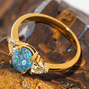 LOS CABOS 18KT YELLOW GOLD PLATED & WHITE TOPAZ AUSTRALIAN  OPAL RING