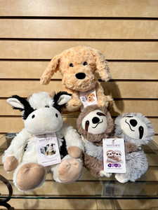 Adorable warmie stuffed animals: Golden dog, cow and sloth hugs