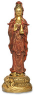 Standing Kuan-Yin Statue Holding Water Vessel, Gold and Red - Photo Museum Store Company