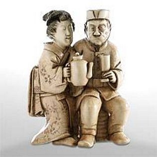 Couple Having Tea - Japanese Netsuke with Woman in Kimono and Man in Foreign Attire - Photo Museum Store Company