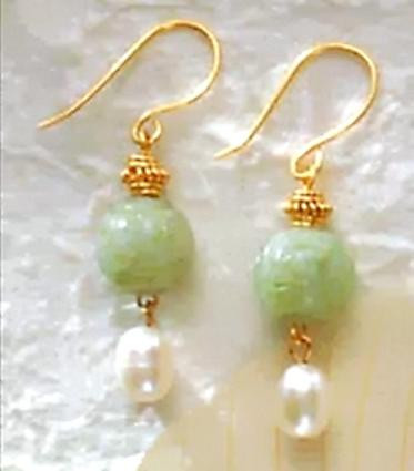 Jade Dragon Bead & Pearl Earrings, Gemstone - Photo Museum Store Company
