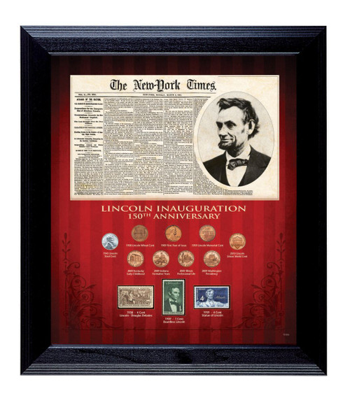Collector's New York Times Lincoln Inauguration 150th Anniversary Coin and Stamp Collection Framed - Actual Authentic Co