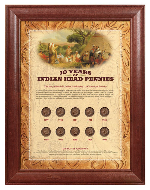 Collector's 10 Years of Indian Head Pennies - Wood Frame - Actual Authentic Collectable - Photo Museum Store Company