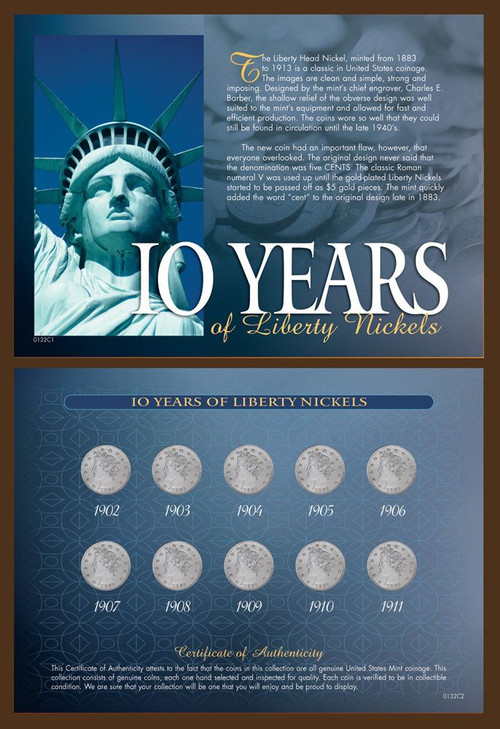 Collector's 10 Years of Liberty Nickels - Actual Authentic Collectable - Photo Museum Store Company