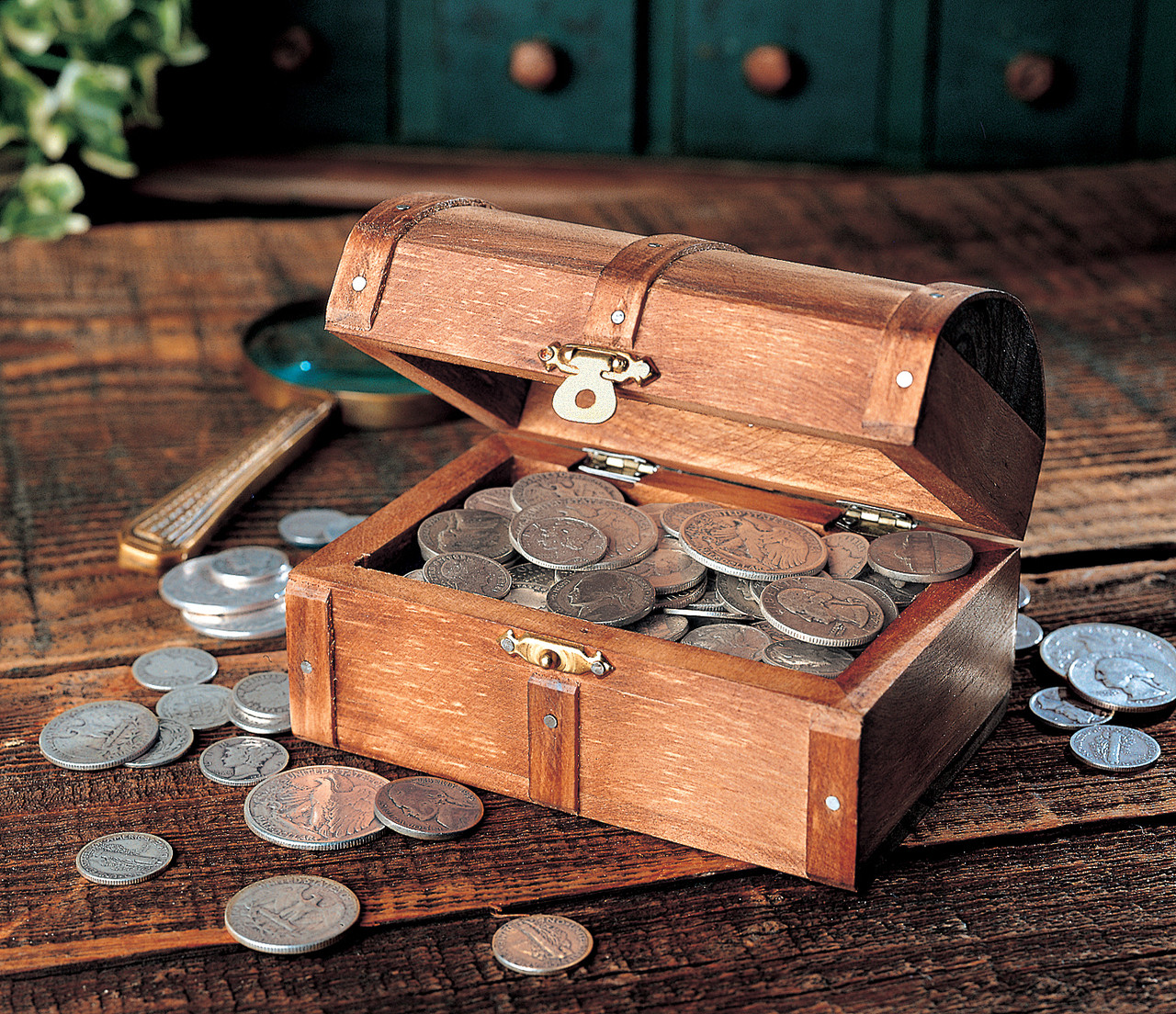 Historic Wooden Treasure Chest of Rare Old Silver Coins Actual