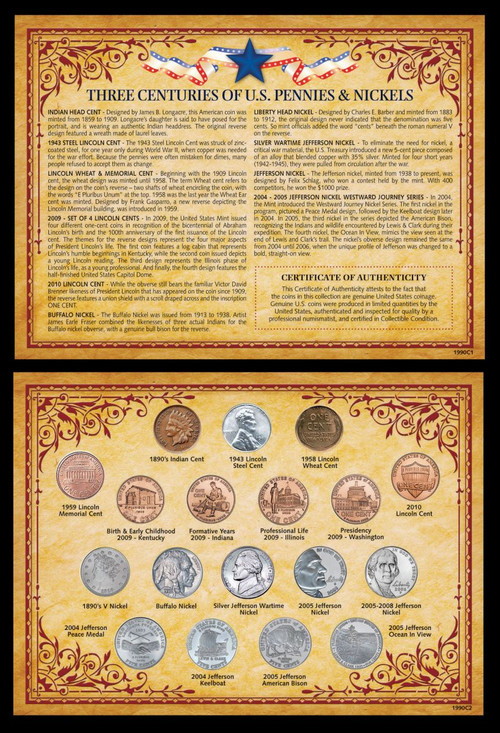 Collector's Three Centuries of U.S. Pennies & Nickels - Actual Authentic Collectable - Photo Museum Store Company