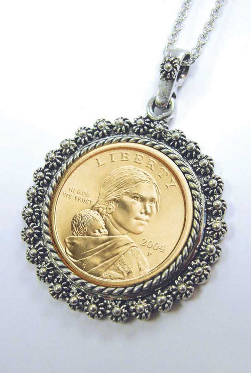 Collector's Sacagawea Dollar Pendant in Silvertone Bezel - Actual Authentic Collectable - Photo Museum Store Company