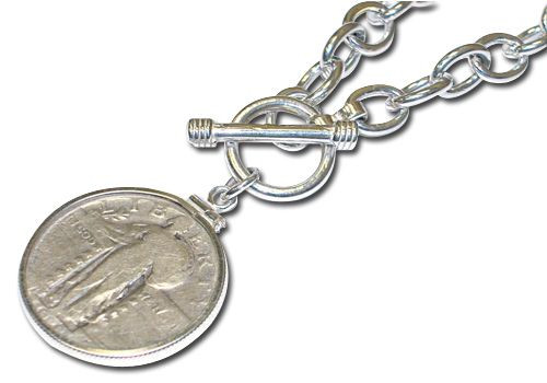 Collector's Sterling Silver Toggle Necklace with Standing Liberty Silver Quarter - Actual Authentic Collectable - Photo