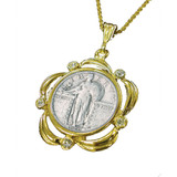 Collector's Silver Standing Liberty Quarter Goldtone Pendant Scalloped W/Crystals  (24Chain) - Actual Authentic Collecta