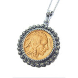 Collector's Gold-Layered Buffalo Nickel Silvertone Blossom Pendant 24 Chain - Actual Authentic Collectable - Photo Museu