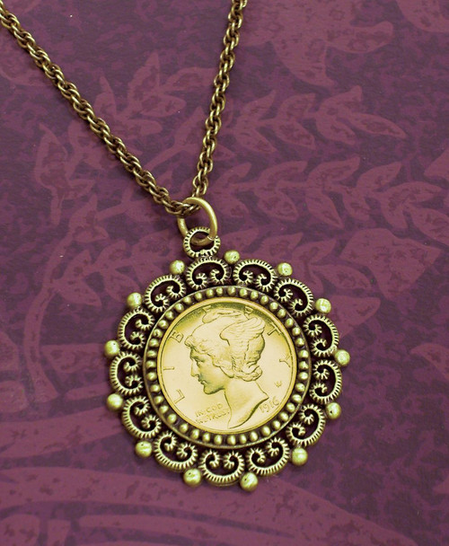 Collector's Gold Layered Mercury Dime Antique Goldtone Beaded Pendant - Actual Authentic Collectable - Photo Museum Stor