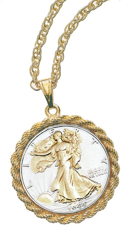 Collector's Selectively Gold-Layered Silver Walking Liberty Half Dollar Pendant - Actual Authentic Collectable - Photo M