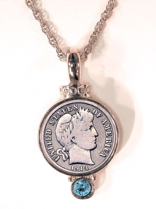 Collector's Silver Barber Dime Pendant with Aqua Crystal - Actual Authentic Collectable - Photo Museum Store Company