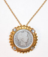 Collector's Silver Barber Quarter in Goldtone Bezel with Crystal Accents - Goldtone Chain - Actual Authentic Collectable
