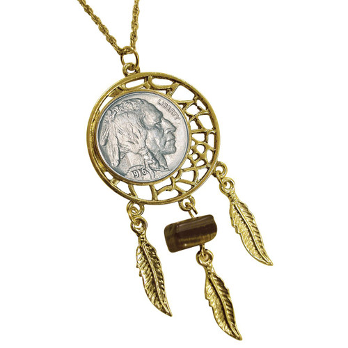 Collector's Buffalo Nickel Gold Tone Dream Catcher Pendant with Tiger Eye Stone with 24 Chain - Actual Authentic Collect