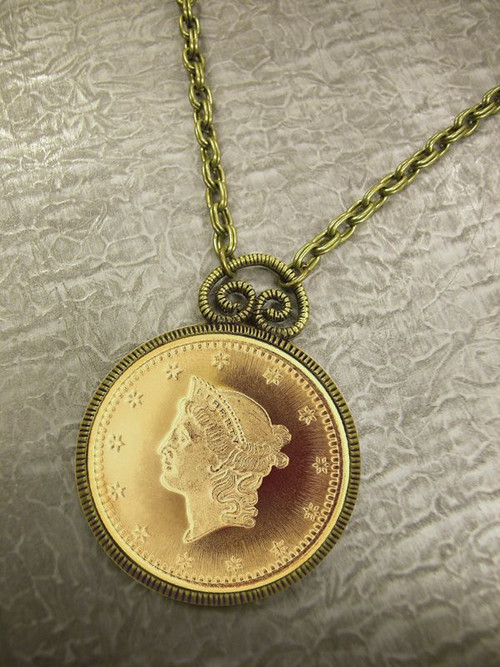 Collector's $1 Type 1 Liberty Head Dollar Gold Piece Replica Coin in Antique Goldtone Pendant Coin Jewelry - Replica Coi