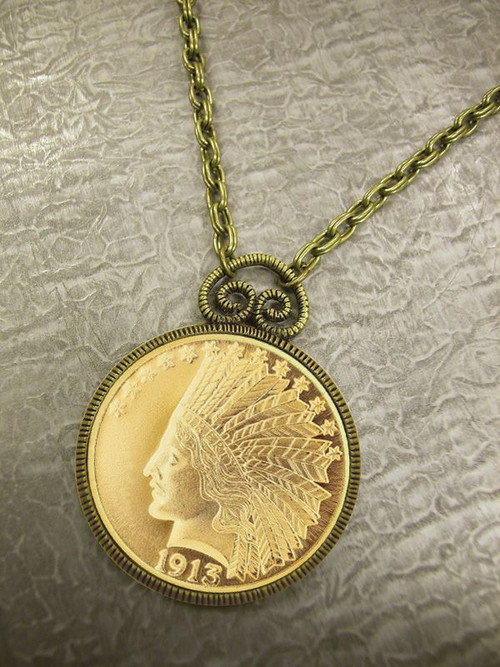 Collector's $10 Indian Head Eagle Gold Piece Replica Coin in Antique Goldtone Pendant Coin Jewelry - Coin Replica - Phot