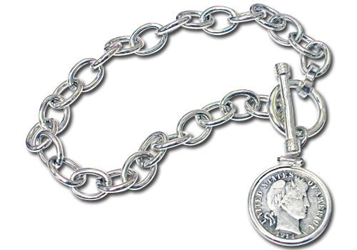 Collector's Sterling Silver Toggle Bracelet with Silver Barber Dime - Actual Authentic Collectable - Photo Museum Store