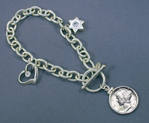 Collector's Sterling Silver Mercury Dime Coin Charm Toggle Bracelet Coin Jewelry - Actual Authentic Collectable - Photo
