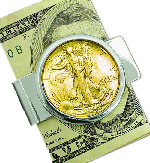 Collector's Silvertone Moneyclip with Silver Walking Liberty Half Dollar Layered in Pure Gold - Actual Authentic Collect