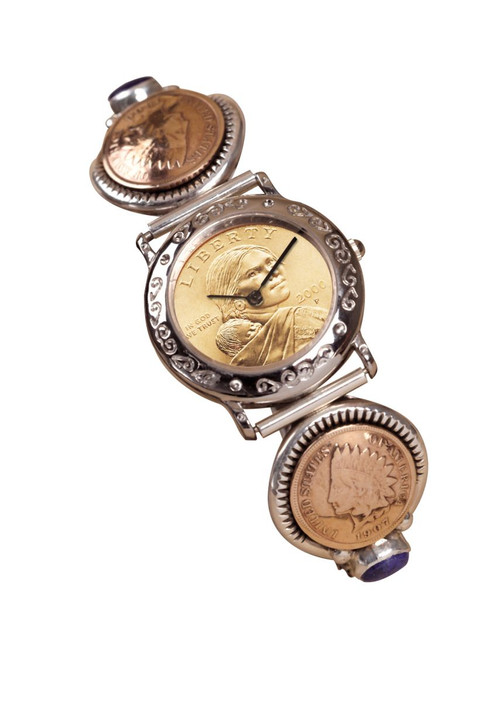 Collector's Sterling Silver Sacagawea Coin Cuff Watch with 2 Indian Cents and Lapis Stones Coin Jewelry - Actual Authent
