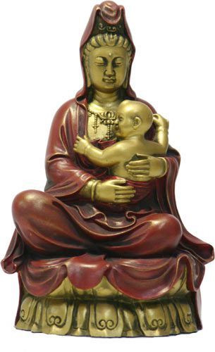 Small Kuan-Yin with Baby Statue, Gold and Red Hand Painted - Photo Museum Store Company