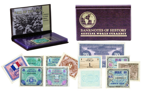 Genuine Allied Military Currency 8 Banknote Collection Folio  : Authentic Artifact - Museum Company Photo