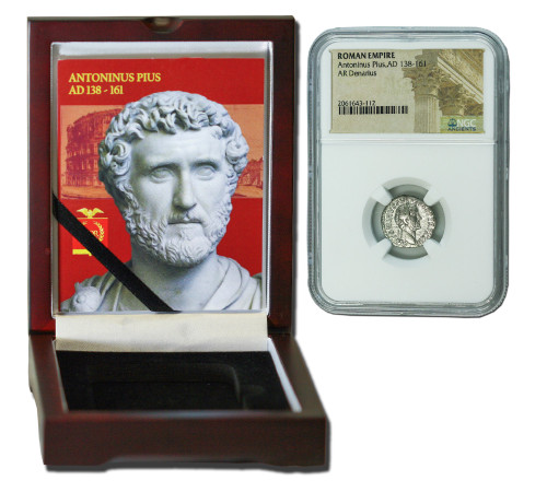 Genuine Antoninus Pius Roman Silver Denarius NGC Certified Slab Box (High grade) : Authentic Artifact - Museum Company Photo