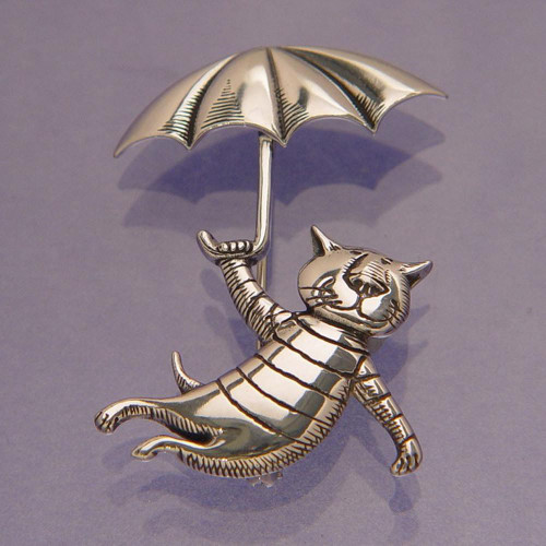 Umbrella Cat Sterling Silver Pin - Inspirational Jewelry Photo