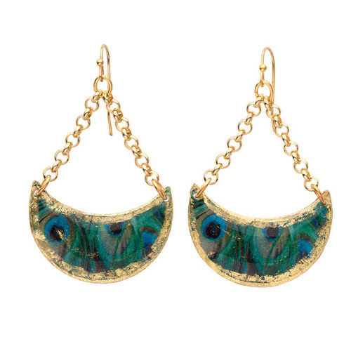 Feathered Peacock Crescent Earrings - Museum Jewelry - Museum Company Photo