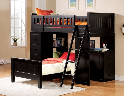 Black Twin Bed with Desk and Chest Below
