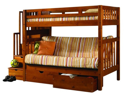 Honey Pine Twin Futon Bunk with Stairs
