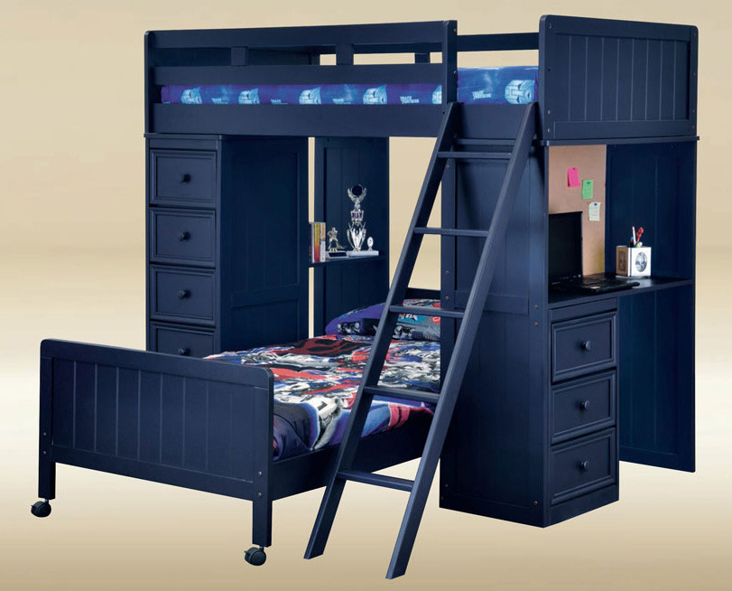 Gavin Navy Blue Twin Loft Bed With Desk Chest With Drawers